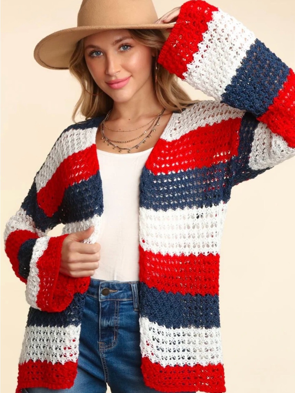 Haptics Open-Knit Striped Cardigan Sweater - Red, White & Navy
